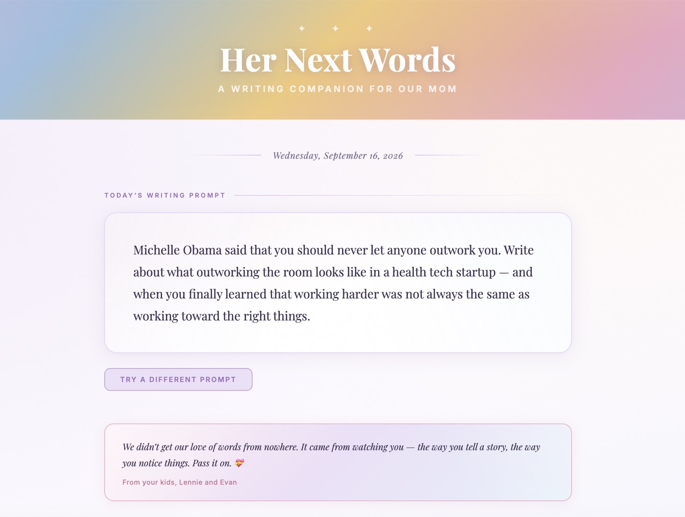 Her Next Words: a daily writing prompt with a note from her kids