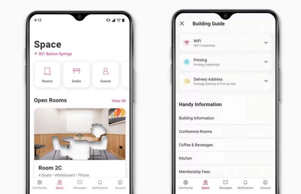 WeWork mobile app, Space home and Building Guide