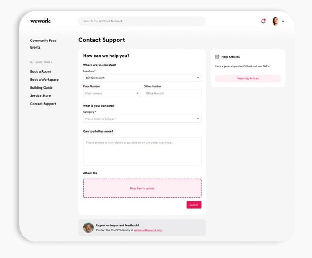 WeWork member web app, Contact Support